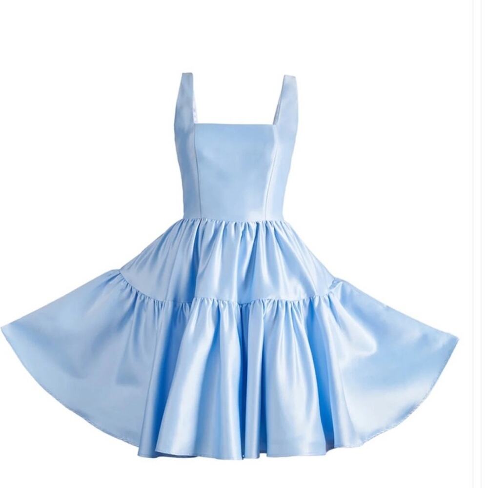 Square-Neck Tiered Mini Dress in Light Blue - Picture 3 of 15